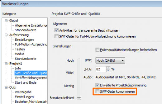 SWF-Komprimierung deaktiviert