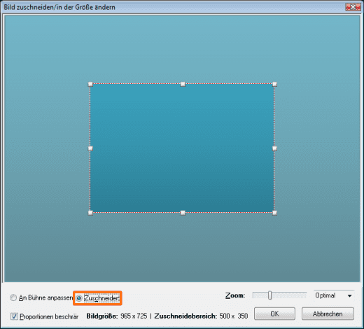 Das Fenster Bild zuschneiden/in der Größe ändern