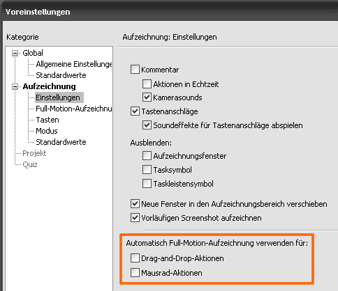 Automatische Full-Motion-Aufzeichnungen deaktiviert