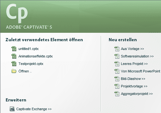 Willkommensbildschirm von Captivate 5