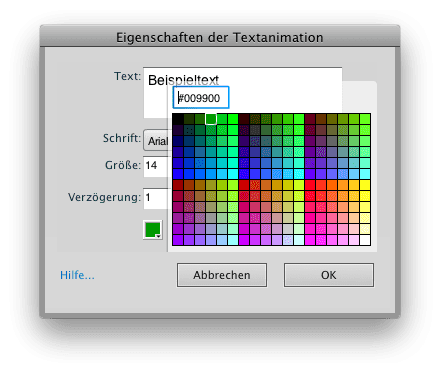 Einer der behobenen Programmfehler in Captivate 5.5: Der Farbwähler in einer Textanimation
