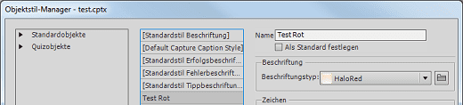 Der neue Stil Test Rot im Objektstil-Manager