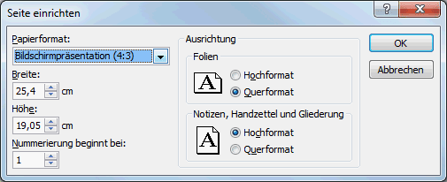 Das Fenster "Seite einrichten" in PowerPoint