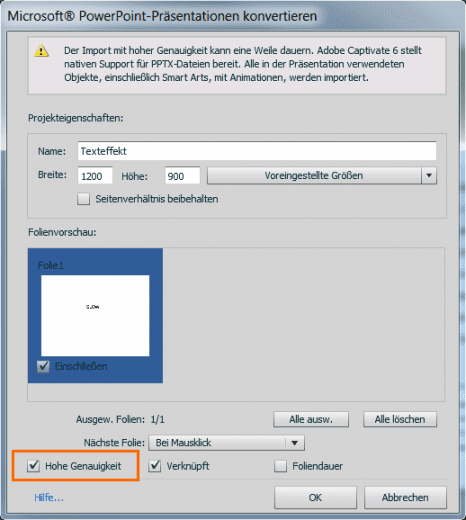 PowerPoint-Import mit aktivierter Option "Hohe Genauigkeit"