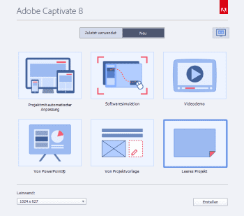 Der Willkommensbildschirm in Captivate 8