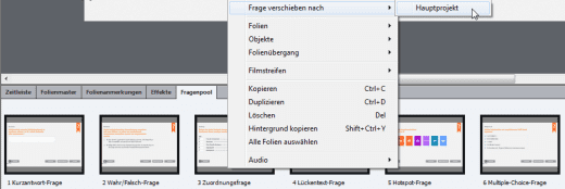 Fragenfolien ins Hauptprojekt verschieben