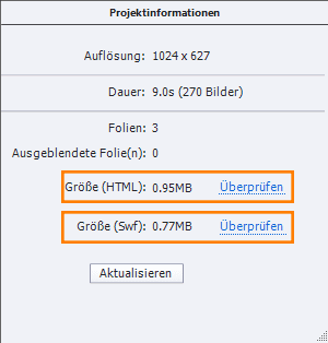 Das Bedienfeld Projektinformationen