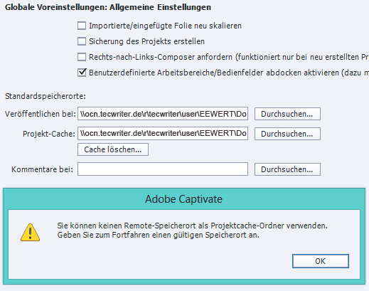 Fehlermeldung Remote-Speicherort