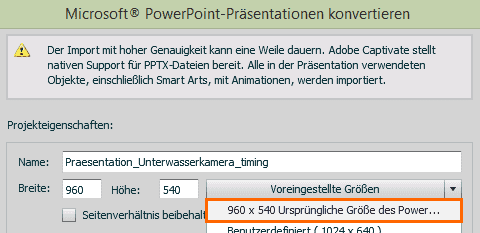 Größe der PowerPoint-Präsentation übernehmen