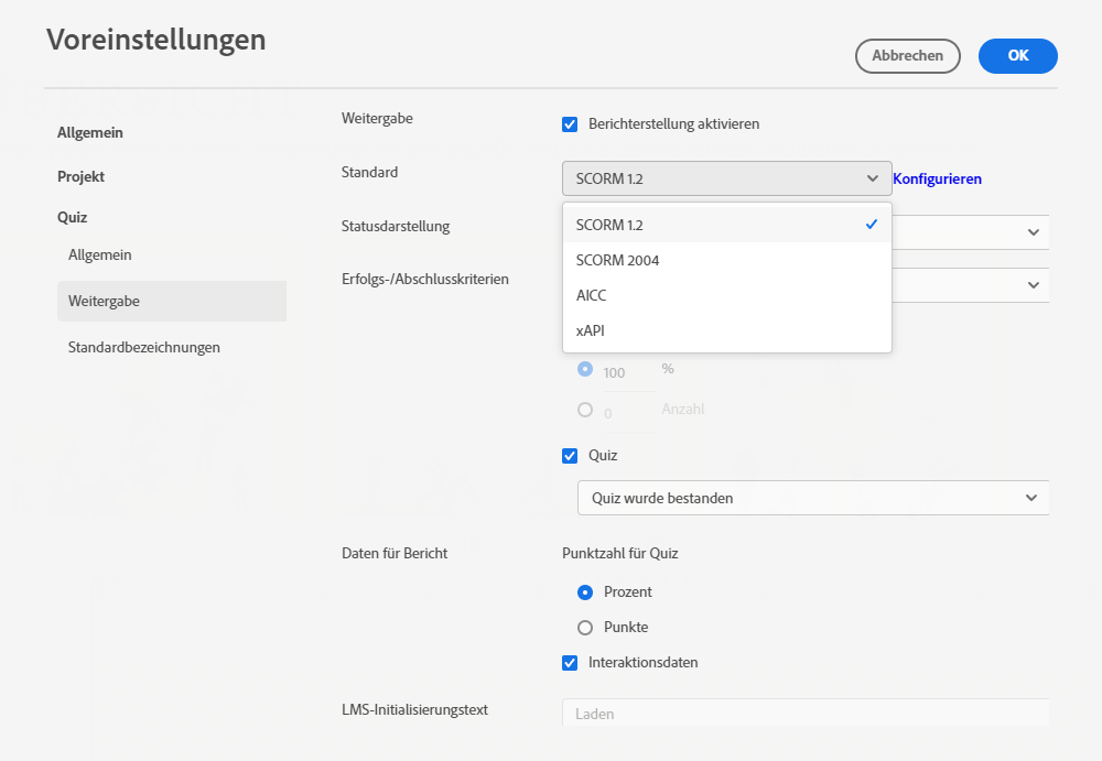 Voreinstellungen Weitergabe (SCORM & xAPI)